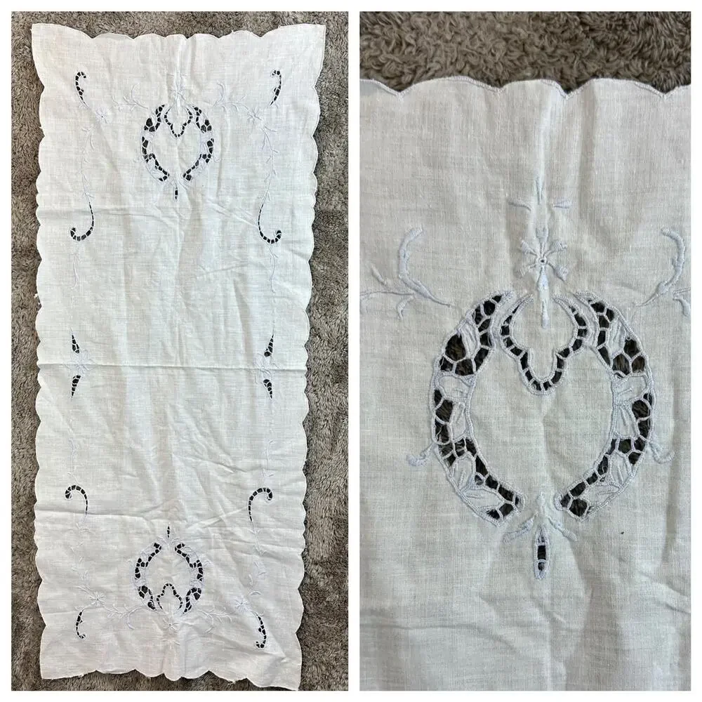 Vintage Antique Handmade Embroider Cutout Table Linen Runner Cover Doily